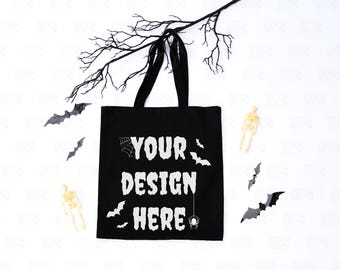 Mock-up draagtas Halloween, mock-up zwarte draagtas, mock-up boodschappentas, mock-up promotionele tas, mock-up zwarte Trick or Treat-tas