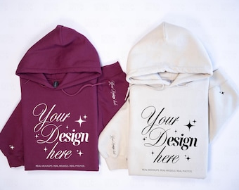 Coppia Gildan 18500 Marrone e Sabbia Mockup / Felpa con cappuccio Duo Frontale + Manica Mock
