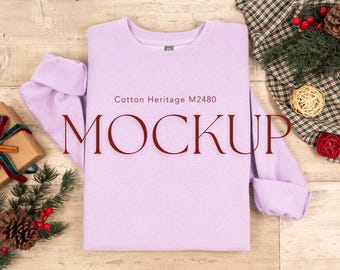 Lavender Cotton Heritage M2480 Christmas Mockup | Flat Lay Xmas Crewneck Sweatshirt Real Product Photo