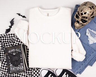 White Cotton Heritage M2480 Halloween Mockup | Unisex Crewneck Sweatshirt Real Product Flat Lay Photo