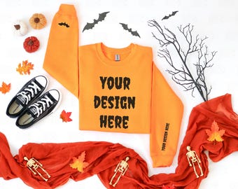 Safety Orange Gildan 18000 Mockup, Halloween Sweatshirt Mock up, Halloween Crewneck Mockup, Halloween Sweater Mock-up, Fall Shirt Mockup
