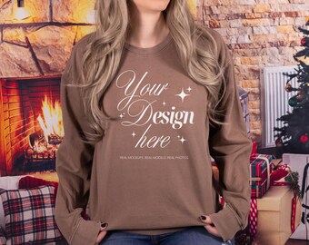 Comfort Colors 1466 Espresso Lightweight Crewneck Sweatshirt Mockup – Christmas Female Model Studio Photo