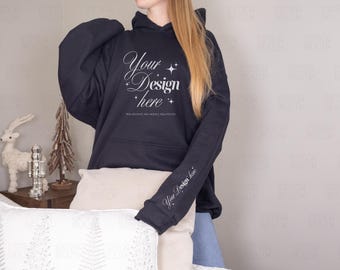 Gildan 18500 Black Hoodie Mockup, G185 Real Model Mock-up, Christmas Sweater Mock Up, Hooded Sweatshirt Sleeve Mockup for POD