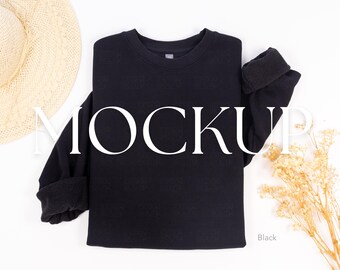 Black Cotton Heritage M2480 Crewneck Sweatshirt Mockup | Boho Flat Lay Real Product Photo