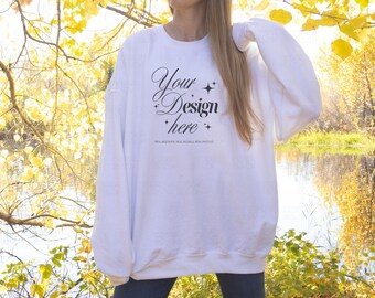 Gildan 18000 White Sweatshirt Mockup, G180 Real Model Mock-up, Fall Crewneck Mock Up, Autumn Oversized Shirt Mockup for Print on Demand