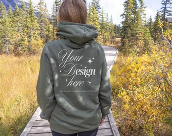 Gildan 18500 Military Green Hoodie Mockup, G185 Real Model Mock-up, Fall Pullover Mock Up, Hooded Back of Shirt Nature Mockup For POD