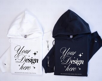 Coppia Gildan 18500 Mockup Bianco e Nero / Felpa con Cappuccio Duo Frontale + Manica Mock