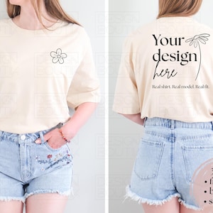 Soft Cream  Bella + Canvas 3001 Front, Back & Split View T-shirt Mockup, Summer BC 3001 Mock Up, Neutral Minimalistic Real Model Mockups