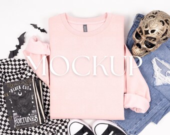 Light Pink Cotton Heritage M2480 Halloween Mockup | Unisex Crewneck Sweatshirt Real Product Flat Lay Photo