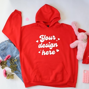 Red Gildan 18500 Hooded Sweatshirt, Valentine&#39;s Day Mother&#39;s Day G185 Hoodie Mockup, Flatlay Shirt Mockup Valentine Flat Lay Mock Up