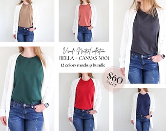 12 Colors Bella + Canvas 3001 Mockup Bundle, Real Product Mock Up Bundle, BC 3001 Mock-up, Neutral Colorful Tshirt Mockups