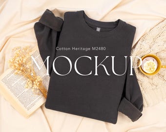 Vintage Black Cotton Heritage M2480 Crewneck Flatlay Mockup | Bookish Sweatshirt Real Product Photo