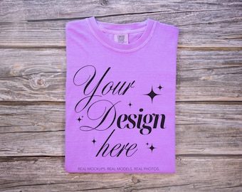 Comfort Colors 1717 Neon Violet T-Shirt Mockup, Folded Flat Lay CC1717 Tee, Rustic Wood Background Shirt Mock Up