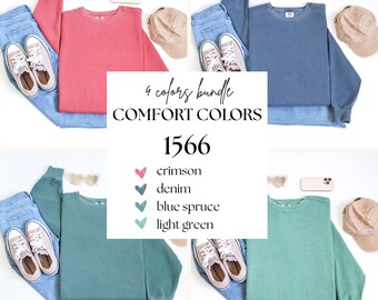 Pacote com 4 mockups Comfort Colors 1566, pacote com mockups de gola redonda plana, mockups de frente e manga, mockups de moletom dobrado