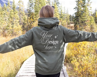 Gildan 18500 Military Green Hoodie Mockup, G185 Real Model Mock-up, Fall Pullover Mock Up, Hooded Back of Shirt Nature Mockup For POD