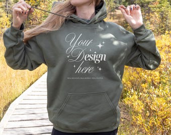 Gildan 18500 Military Green Hoodie Mockup, G185 Real Model Mock-up, Fall Pullover Mock Up, Hooded Shirt Nature Mockup for Print on Demand