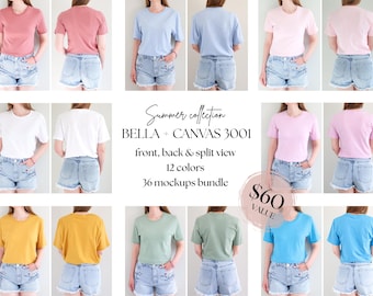 12 Farben Bella + Canvas 3001 Mockup Front, Back & Split View Bundle, Sommer Tshirt Mockups, BC 3001 Minimalistische Neutrale Real Model Mockups