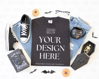 Zwart comfortkleuren 1717 T-shirtmodel, T-shirt platliggend model, lifestylemodel, Halloween-esthetiek