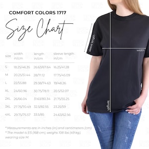 Comfort Colors 1717 Unisex T-shirt Size Chart Centimeters and Inches, C1717 Size Guide, Sizing for POD, 4 Editable PNGs, Real Model Mockup
