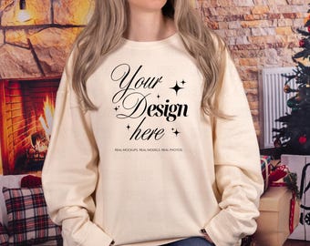 Comfort Colors 1466 Ivory Lightweight Crewneck Sweatshirt Mockup – Christmas Female Model Studio Photo