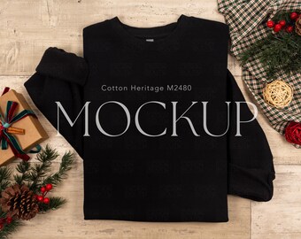 Black Cotton Heritage M2480 Christmas Mockup | Flat Lay Xmas Crewneck Sweatshirt Real Product Photo