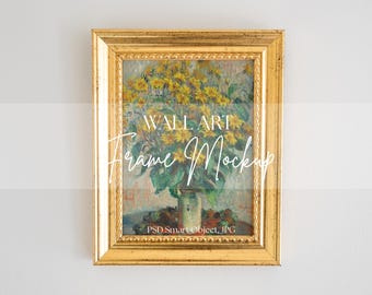 Antique Gold Frame Mockup, Vintage Printable Wall Art Mockup, Minimalist Poster Mock-up, Boho Frame Mockup, PSD Smart Object