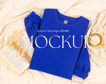 Team Royal Cotton Heritage M2480 Crewneck Flatlay Mockup | Bookish Sweatshirt Real Product Photo