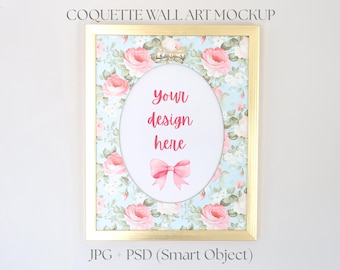 Coquette Bow Frame Mockup, Antique Gold Vintage Frame Wall Art Mockup, Chic Romantic Poster Mock-up, Retro Print Mockup, PSD Smart Object