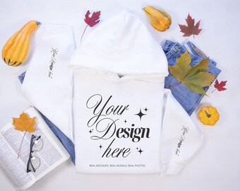 Gildan 18500 White Hoodie Mockup, G185 Flat Lay Mock-up, Fall Hoodie Mock Up, Hooded Sweatshirt Sleeve Mockup for Print on Demand