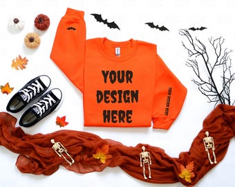 Orange Gildan 18000 Mockup, Fall Sweatshirt Mock up, Halloween Crewneck Mockup, Halloween Sweater Mock-up, Fall Shirt Mockup