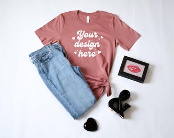 Mauve Bella & Canvas 3001 T-shirt Mockup Valentine's Day Mother's Day Flatlay Flat lay Summer Thirt Mock Up Tee Mocks Bella+Canvas Shirt