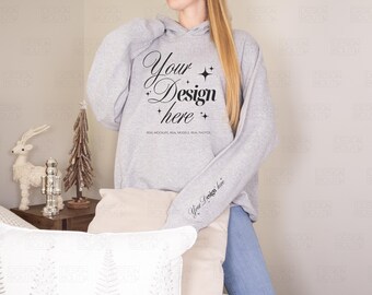 Gildan 18500 Sport Grey Hoodie Mockup, G185 Real Model Mock-up, Christmas Mock Up, Oversized Sweatshirt Sleeve Mockup for Print on Demand