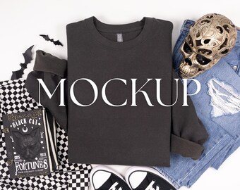 Vintage Black Cotton Heritage M2480 Halloween Mockup | Unisex Crewneck Sweatshirt Real Product Flat Lay Photo
