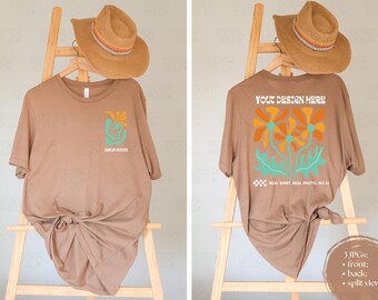 Vintage Brown Bella + Canvas 3001 Front, Back & Split View T-shirt Mockup, BC 3001 Summer Mock up, Oversized Tshirt Mockup, Boho Aesthetics