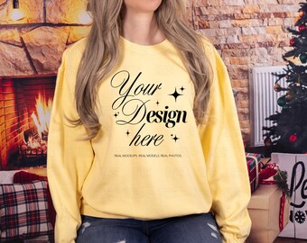 Comfort Colors 1466 Butter Lightweight Crewneck Sweatshirt Mockup – Christmas Female Model Studio Photo