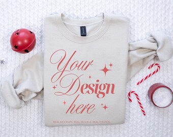 Gildan 18000 Sand Sweatshirt Christmas Mockup, G185 Flat Lay Crewneck Mock-up, Folded Shirt Mock up