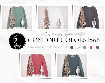 Comfort Colors 1566 5 Colors Mockup Bundle, Christmas Unisex Sweatshirt Mock ups, C1566 Crewneck Mock-ups for Print on Demand