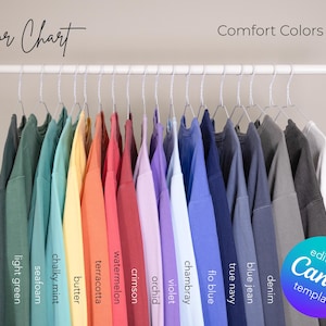 May include: A color chart of Comfort Colors 1566 t-shirts in various shades, including blue spruce, light green, seafoam, chalky mint, butter, terracotta, watermelon, crimson, orchid, violet, chambray, flo blue, true navy, blue jean, and denim. The text "Color Chart" and "Comfort Colors 1566" are visible.