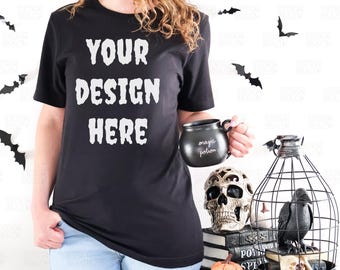 Black Bella + Canvas 3001 T-shirt Mockup, Halloween Tee Mockup, Spooky 3001 Tshirt Mock Up, Trendy Shirt Mockup, Real Model Tshirt Mockup