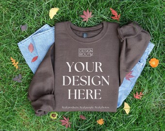 Dark Chocolate Gildan 18000 Mockup, Brown Crewneck Mock Up, Flat Lay Shirt Mock-Up, Fall Sweatshirt Mockup, Folded Mock up, Nature Mockup