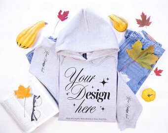 Gildan 18500 Sport Grey Hoodie Mockup, G185 Flat Lay Mock-up, Fall Hoodie Mock Up, Hooded Sweatshirt Sleeve Mockup for Print on Demand