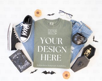 Mockup de camiseta Moss Comfort Colors 1717, mockup de camiseta plana, mockup de estilo de vida, estética de Halloween