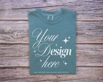 Comfort Colors 1717 Light Green T-Shirt Mockup, Folded Flat Lay CC1717 Tee, Rustic Wood Background Shirt Mock Up