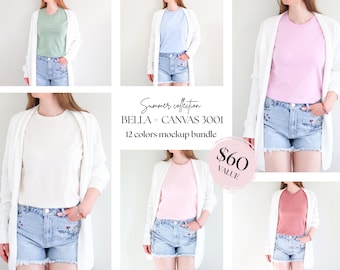 12 Colors Bella + Canvas 3001 Mockup Bundle, Summer Tshirt Mockup Bundle, BC 3001 Spring Shirt Mock-up, Neutral Colorful Tee Mockup