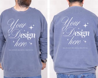 Comfort Colors 1566 Denim Sweatshirt Mockup – Real Male Model, Front and Back