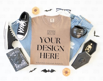 Maqueta de camiseta Espresso Comfort Colors 1717, maqueta de camiseta plana, maqueta de estilo de vida, estética de Halloween