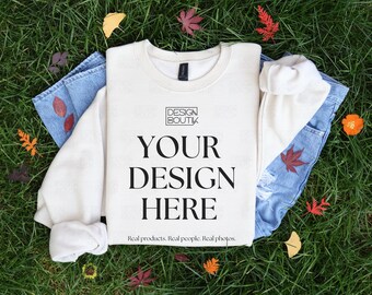 Sand Gildan 18000 Mockup, Crewneck Mock Up, Flat Lay Shirt Mock-Up, Fall Sweatshirt Mockup, Folded Mock up, Nature Mockup