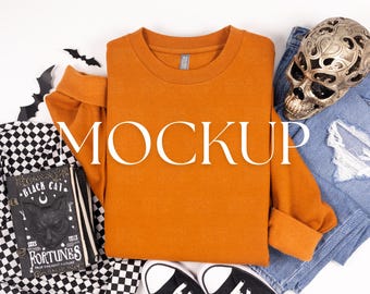 Adobe Cotton Heritage M2480 Halloween Mockup | Unisex Crewneck Sweatshirt Real Product Flat Lay Photo