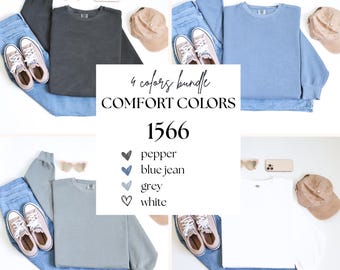 Pacote com 4 mockups Comfort Colors 1566, pacote com mockups de gola redonda plana, mockups de frente e manga, mockups de moletom dobrado