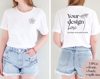 White Bella + Canvas 3001 Front, Back & Split View T-shirt Mockup, Summer BC 3001 Mock Up, Neutral Minimalistic Real Model Mockups